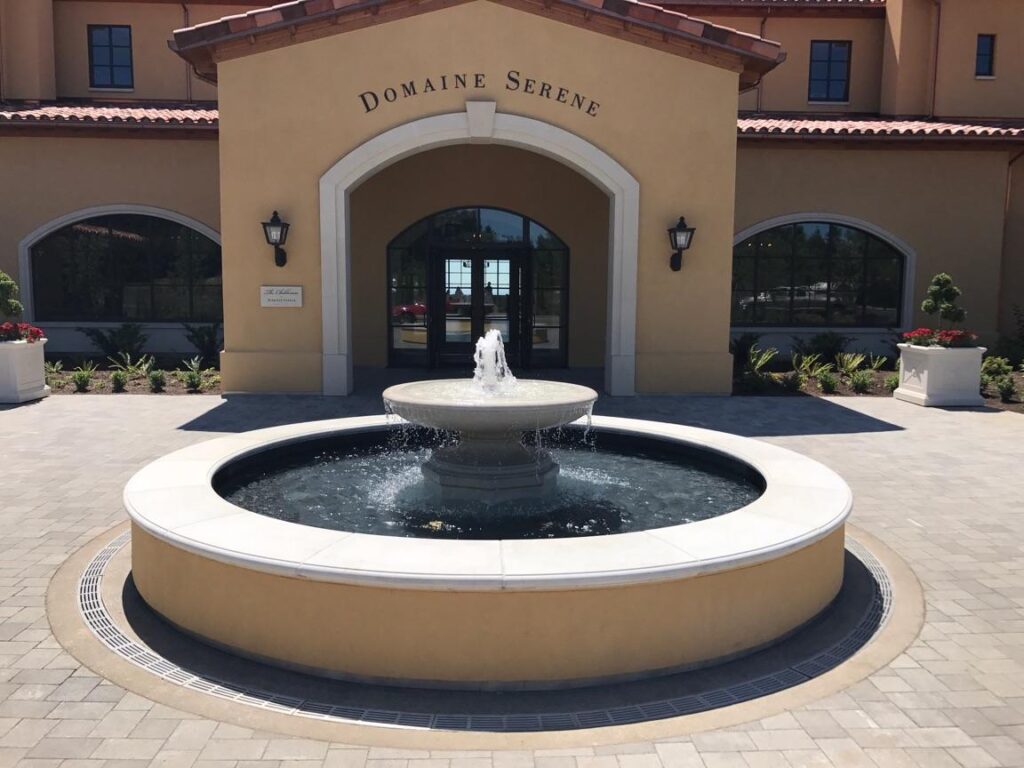 Winery fountain with radius trench drain